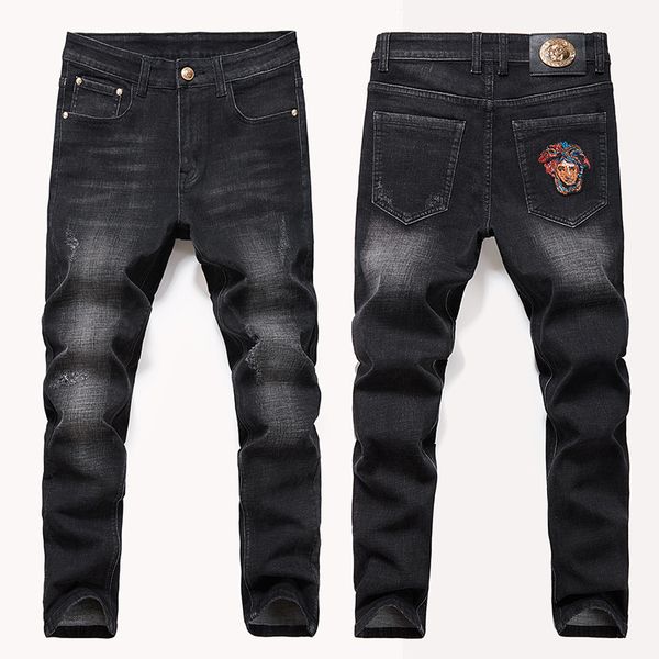 

mens designer dusha embroidery straight tube slim jeans elastic business pants fashion, Blue