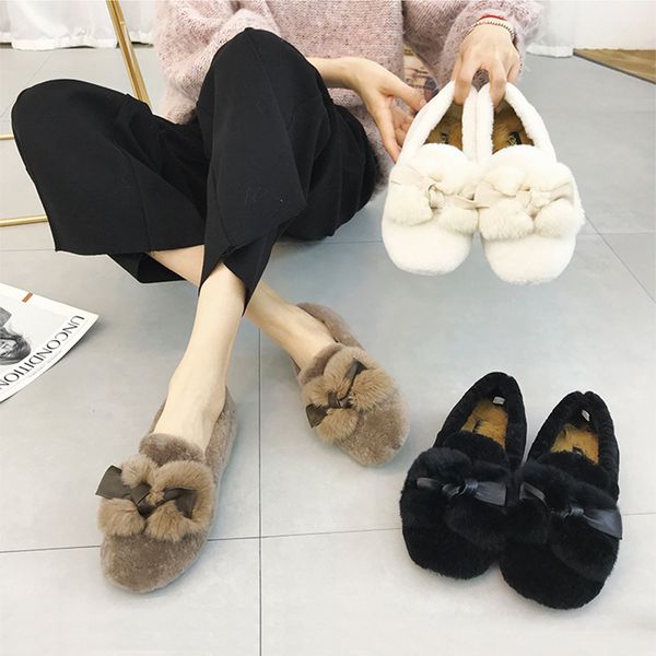 

moccasins woman 2019 new plush fur cotton shoes cute bowknot cozy lazy flats loafers outwear brief casual round toe ladies shoes, Black