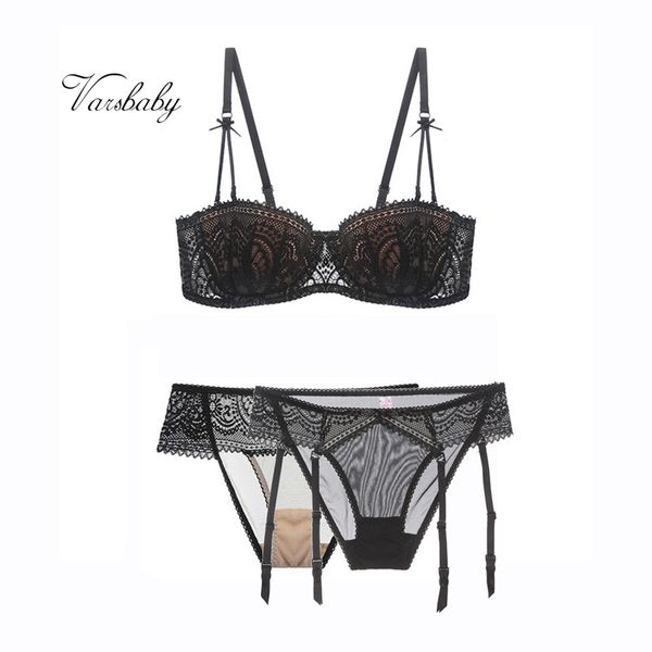 

varsbaby lace half cup push up lingerie set 1 bra+2 panties 3pcs/lots women's underwear, Red;black