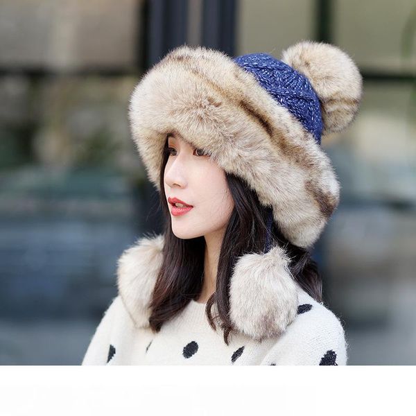 

new women's hat winter beanie knitted hat angola rabbit fur bonnet girl 's hat fall female cap with fur pom pom, Blue;gray
