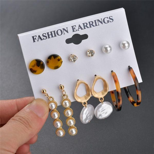 

new bohemian pearl long dangle earring sets vintage gold cz zircon crystal acrylic stud earrings for women 6 pairs/set, Silver