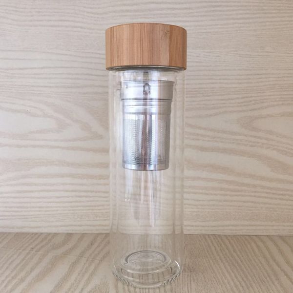 25 pçs / lote Frete grátis Atacado 400 ml tampa De Bambu Copo De Vidro Dupla Parede De Vidro tumbler Inclui coador e infusor cesta lin4580