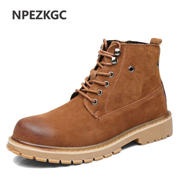 

npezkgc men boots genuine leather style lace up men shoes casual fashion autumn winter working ankle boots, Black
