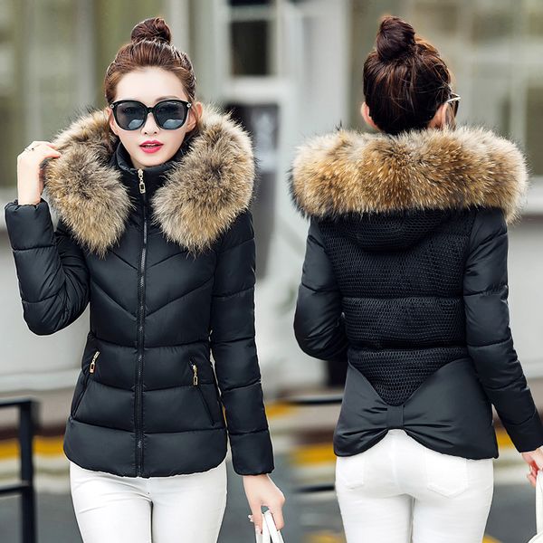 

samgpilee faux fur collar short parkas loose down cotton coats winter women hooded jackets pink black burgundy snow outwear