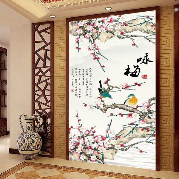 

3d chinese style embossed ink plum poem wallpaper for porch wall decoration study corridor aisle wallpaper decorative household painting