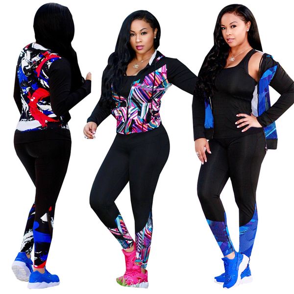 

весна лето геометрическая печать с длинным рукавом на молнии кулиской сращивание толстовки карманные куртка длинные брюки 2 шт наборы спорти, Gray