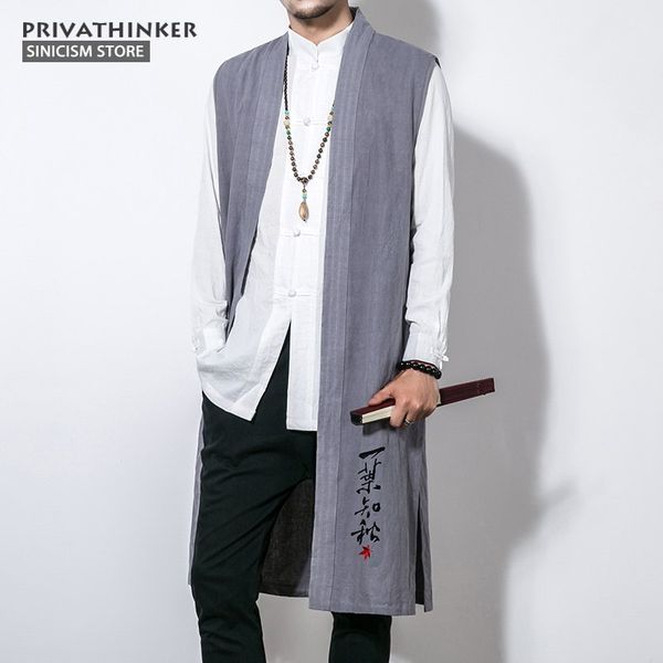 

plus cotton linen sleeveless vest men embroidery long length jackets male chinese traditional autumn coat men's outerwear, Black;white