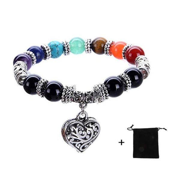 

bracelets for women10mm 7 chakra religion healing balance stone beaded bracelet yoga reiki charm heart bracelets gift, Golden;silver