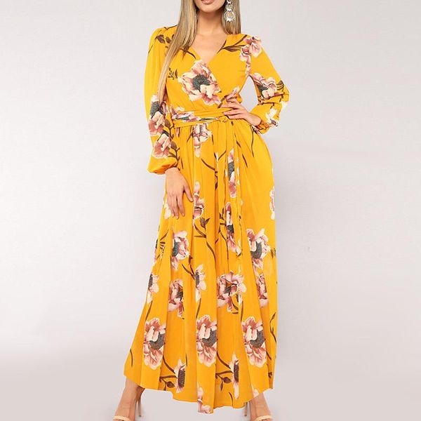 

deep v neck midi dresses women vintage floral print sashes vestidos chic long sleeve high waist boho beach dress, Black;gray