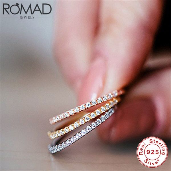 

romad 925 sterling silver ring thin line micro pave cz eternity wedding ring 4 colors stackable zircon crystal finger bnads, Slivery;golden