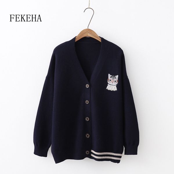 

knitting cardigan sweater women 2019 autumn winter warm clothes knitted jumper cat embroidery casual loose lady outwear, White
