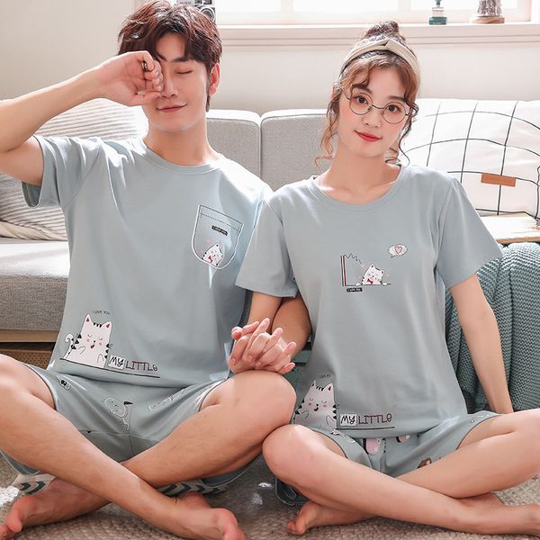 

qweek summer thin short sleeve couple pajamas plus size cotton pyjamas women 2019 korean version fashion print sleepwear 2 piece, Black;red