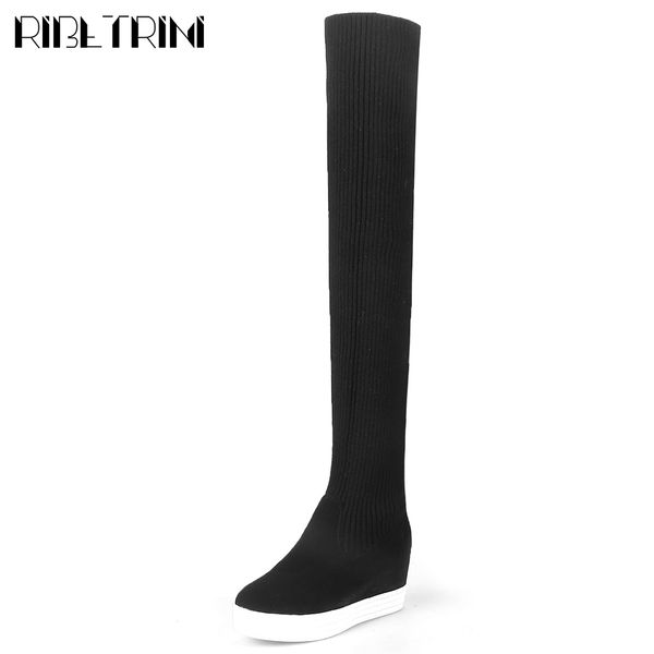 

ribetrini new ladies sweet thigh high shoes woman two kinds over the knee stretch boots elegant hidden heels boots women, Black