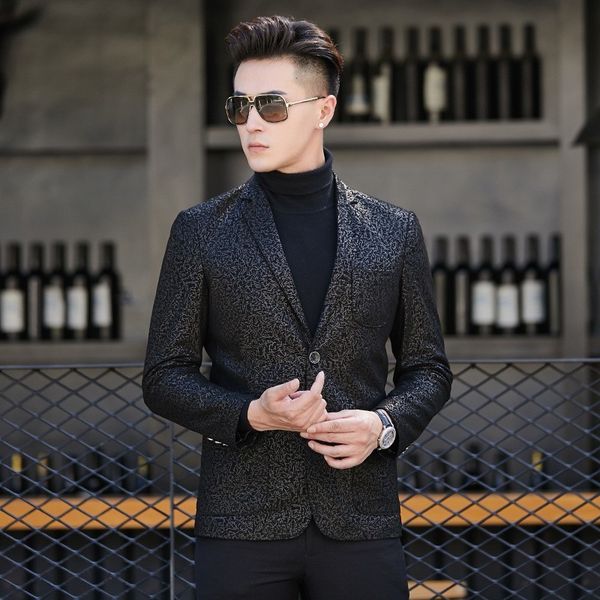 

new men sheepskin genuine leather blazer jacket slim fit floral printed business luxury office work coat man real leather jacket, Black