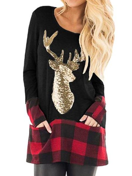 

womens designer shirts plaid panelled gold reindeer printed casual long sleeved crew neck t shirts fashion womens tees, White