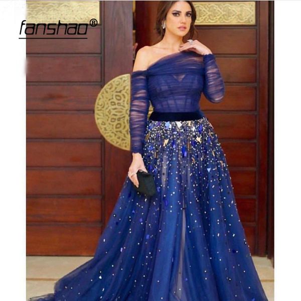 

royal blue muslim evening dresses off the shoulder beads illusion vestidos de festa dubai saudi arabic evening gown prom dress, White;black