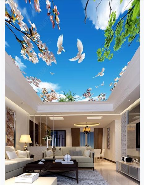 Custom 3d Photo Ceiling Zenith Interior Decorative Mural Hd Blue Sky White Clouds Flowering Branches Green Leaves Ceiling Zenith Mural Wide Wallpaper