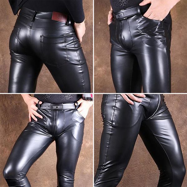 

mens pants faux leather slim tight high elastic zip trousers night clubwear, Black