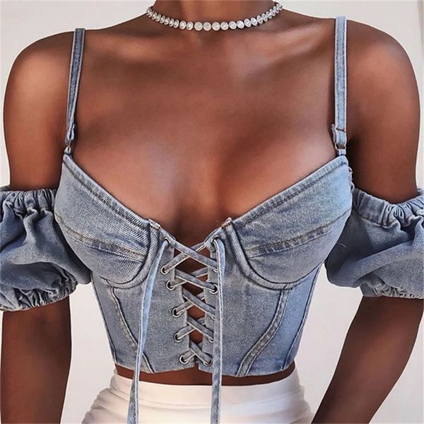 

strap denim jeans crop women casual blusas mujer de moda 2020 summer lace up puff sleeve ladies off shoulder shirts, White