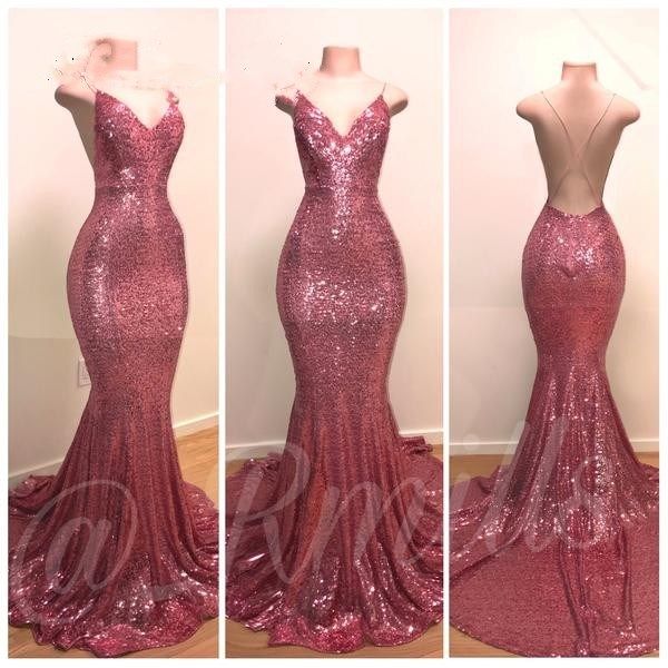 

v neck open back rose pink sequin prom dresses with straps criss cross long black girls graduation party gowns gala dress