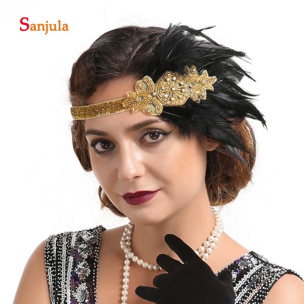 

shiny gold beaded with black feathers women dinner party headwear white headband bridal wedding hair accessories bq016