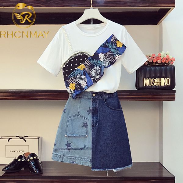 

plus size 2pcs set 2020 summer short sleeves beaded t-shirt + denim five-pointed star skirt 2 piece set women short skirts, White