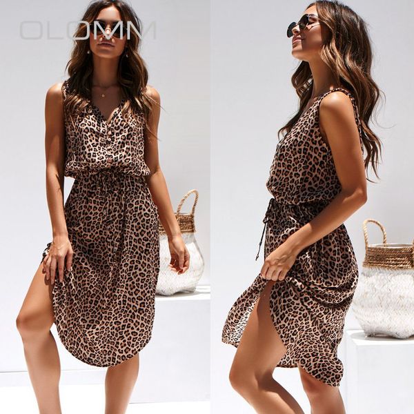 

2020 новая мода повседневный элегантный темперамент новый v-образным вырезом без рукавов leopard печати талия обниматься платье женщины, Black;gray