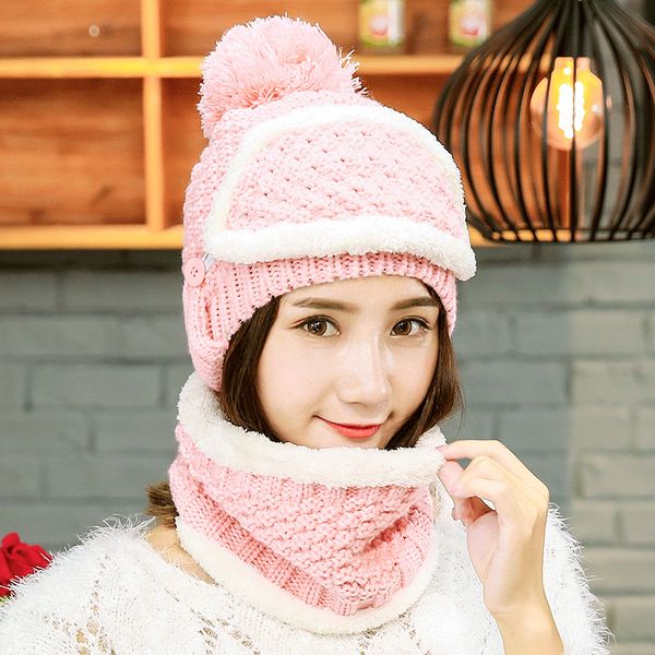 

women hat scarf masks set thicken warm ladies outdoor riding windproof ear flap knitted cap plush pompom beanie autumn winter, Blue;gray