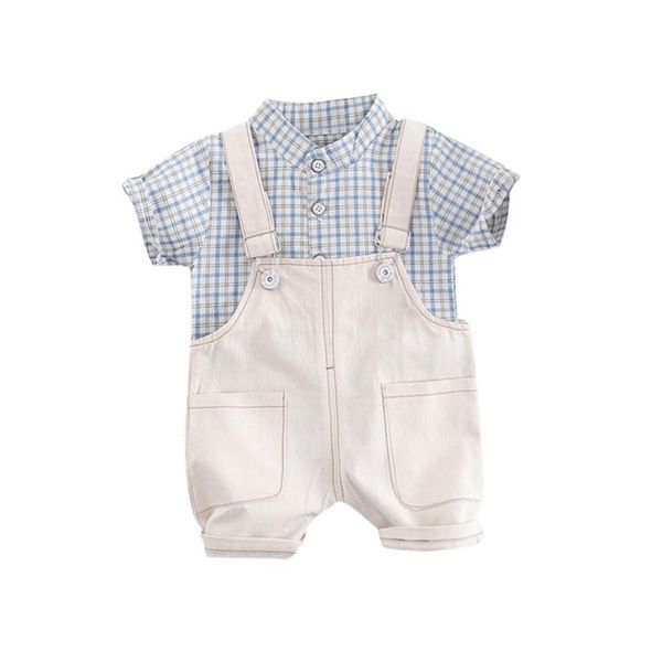 

summer fashion baby boys casual short sleeve plaid print shirts+strap shorts casual outfits sets, White