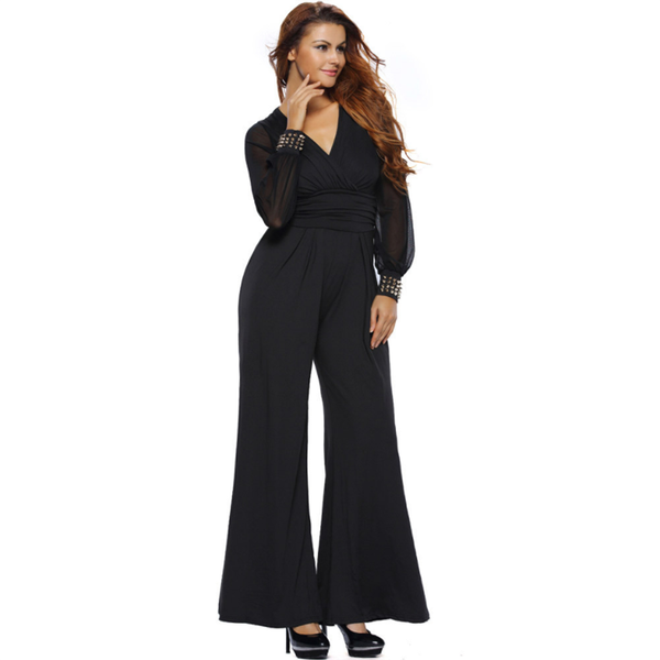 

spring and summer women long-sleeved jumpsuit fashion v-neck lace stitching jumpsuits flared plus size womens casual pants, Black;white