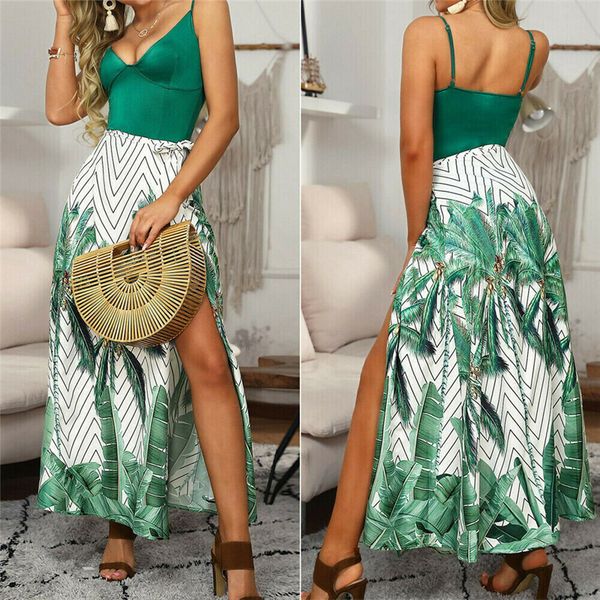 

summer 2019 women party dress green floral patchwork v-neck sleeveless strap vestidos split high waist ankle-length robe, Black;gray