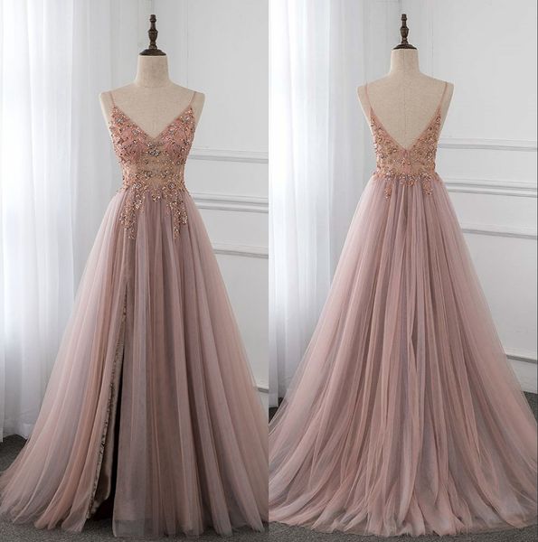 

сладкий dusky розовый кристалл высокие разбить длинные выпускные платья 2020 бретельках see through длина тюль блестки бисером пола вечерние, Black