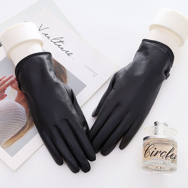 

female fashion winter genuine leather plus coral velvet warm mittens women driving touch phone screen sheepskin black glove c66, Blue;gray