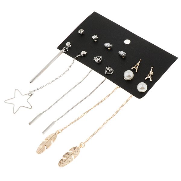 

6 pairs women stud dangle earrings set long pendant charm shiny cubic zirconia artificial crystal rhinestone, Golden