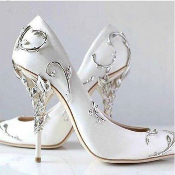 

bridal wedding party shoes women chic satin stiletto high heels eden pumps white silk sliver leaves spiralling naturally up heel, Black