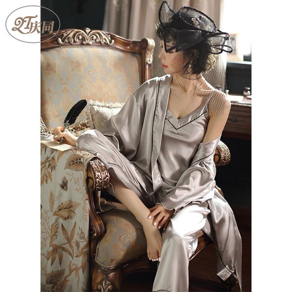 

celebrate womens sleepwear female spring and autumn ice silk suspenders kimono robe long three-piece suit to install korean version of, Blue;gray