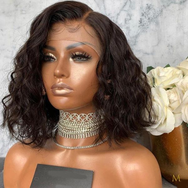 

13x4 lace front human hair wigs for black women short bob water wave baby hair 150% plucked middle ratio bleached jko, Black;brown