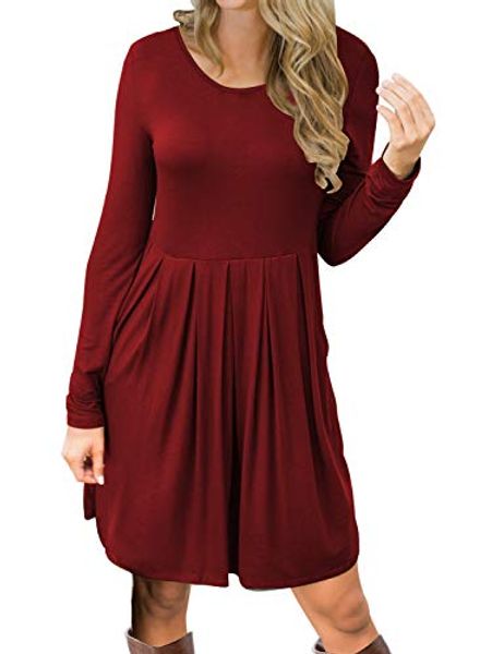 

miholl womens casual pleated long sleeve pockets loose swing dress, Black;gray