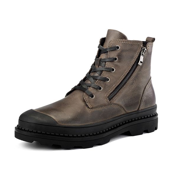 

men boot zipper autumn high shoes genuine leather motorcycle boots male winter shoe plush fur warm casual footwear, Black