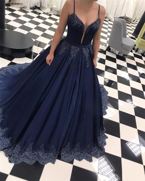 

spaghetti navy blue a-line prom dresses with appliques beaded lace-up back graduation party gowns vestido formatura, Black