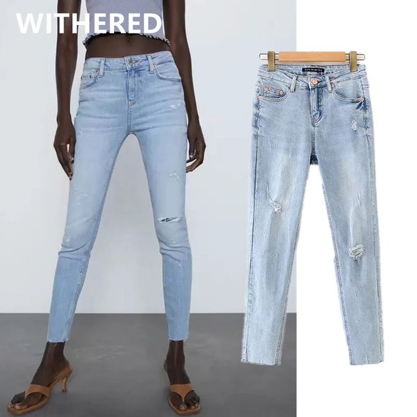 

dave&di summer ins blogger high street washed supper skinny push up jeans woman high waist pencil jeans ripped for women, Blue