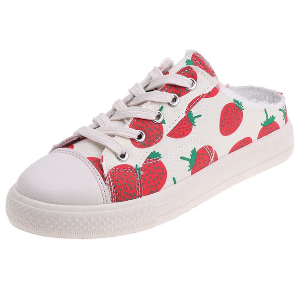 

strawberry canvas half drag small white shoe 2019 summer new style all-purpose flat bottom baotou shoe, Black