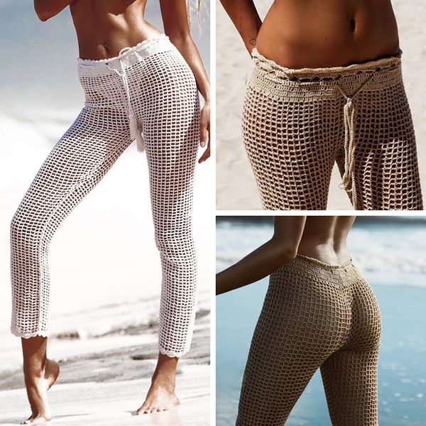 

fashion casual hand crochet fishing net trousers women swimwear crochet beach long sunscreen pants, White;black