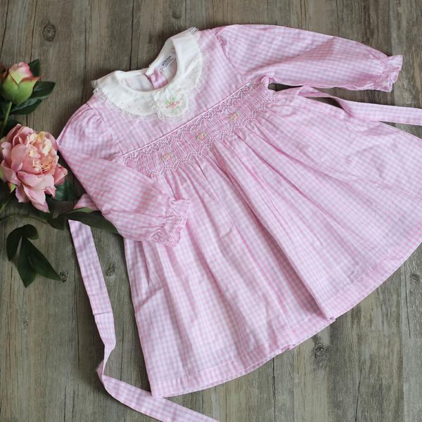 

2019 girls dress long sleeve toddler baby embroidery pink blue plaid dresses, Red;yellow
