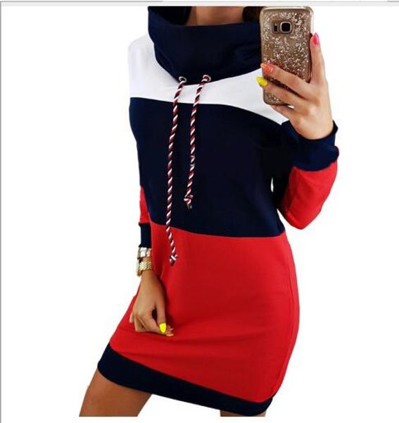 

women patchwork hoodies autumn winter new ladies long dress outerwear contrast color hooded hoodies, Black