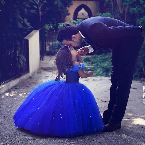

Princess Cinderella Flower Girl Dresses Off-the-shoulder Floor Length Ball Gown Royal Blue Kids Pageant Gowns Custom Wedding Party Gowns