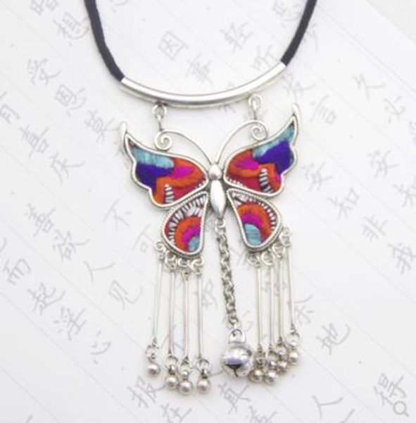 

юньнань этнический стиль ручной работы мяо серебряная вышивка бабочка кулон ожерелье дети ниша дизайн кисточкой ожерелье женский net re, Silver