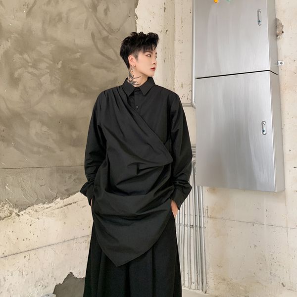 

men long sleeve overlap splice casual shirt male japan streetwear gothic black white dress shirt stage costumes, White;black