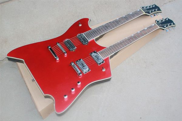 Chitarra elettrica a 6 + 7 corde con corpo rosso metallizzato a doppio manico con ponte fisso, rilegatura del corpo, pickup HH, personalizzabile