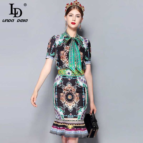 

ld linda della модельер костюм set женщины лук воротник урожай печати рубашка и сексуальная mermaid партия мини юбки две пьесы set, Gray